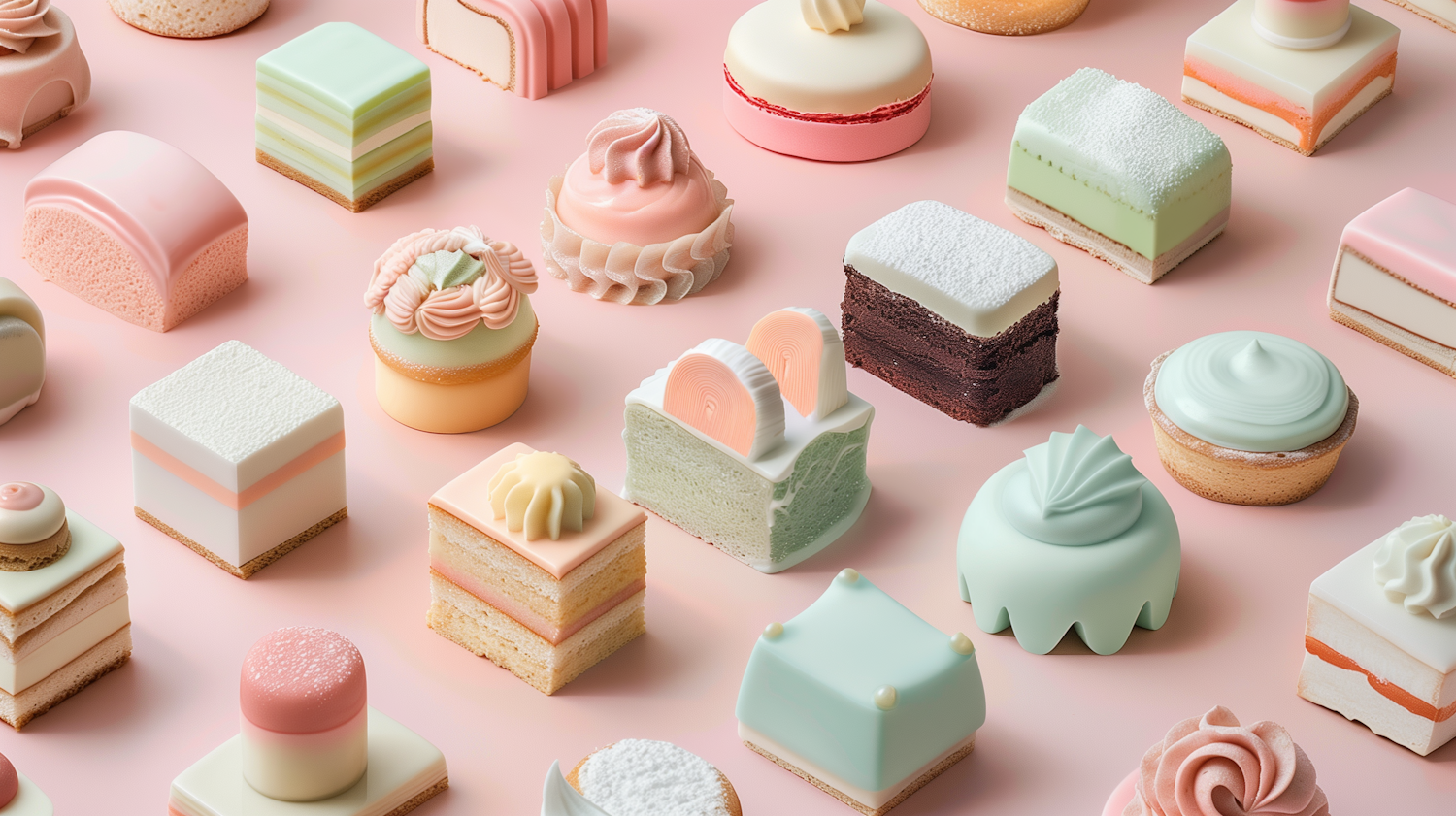 Rows of pastel pink, green and cream pastries arranged on a soft pink background