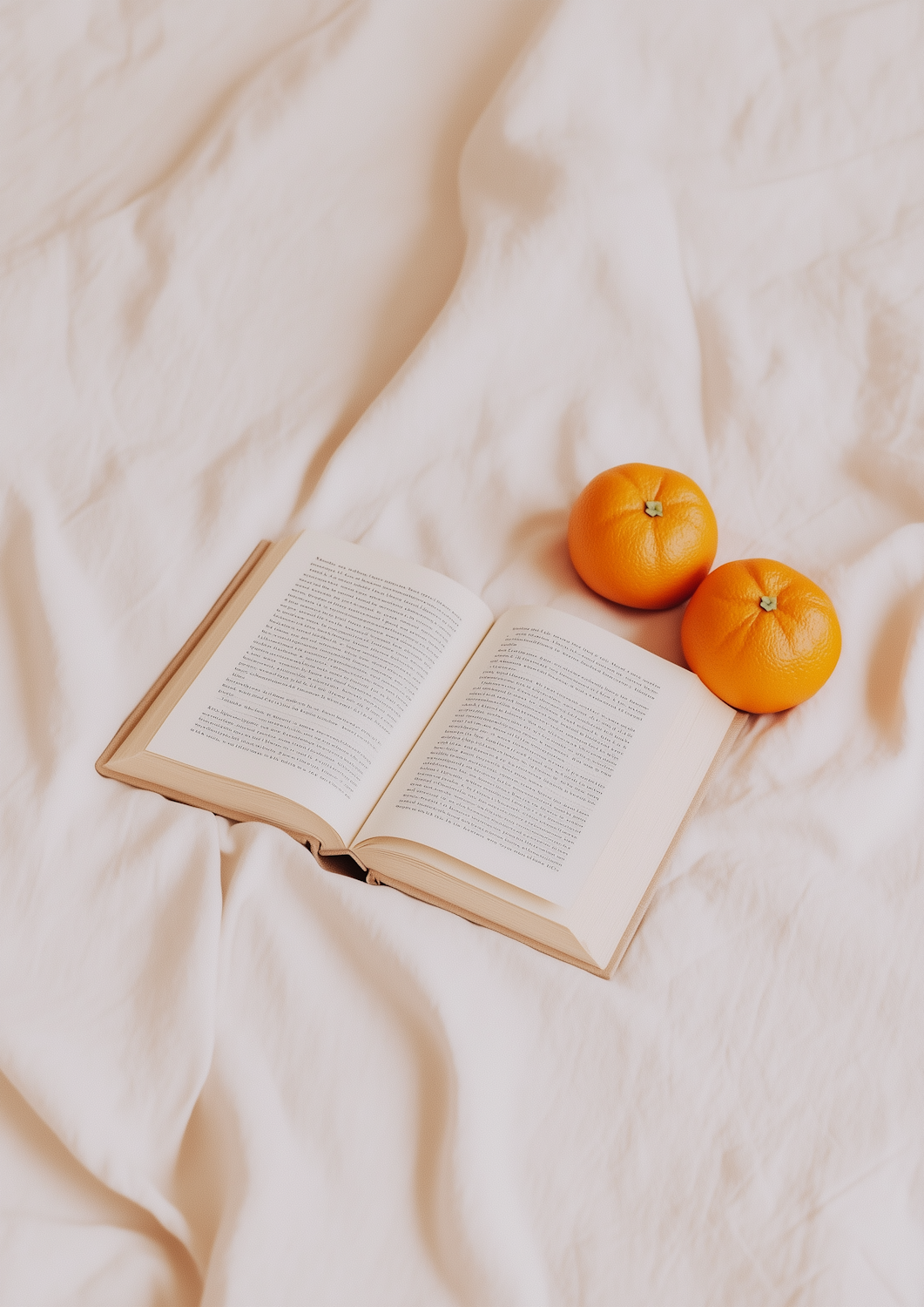An open book resting on soft cream bedding beside two bright oranges