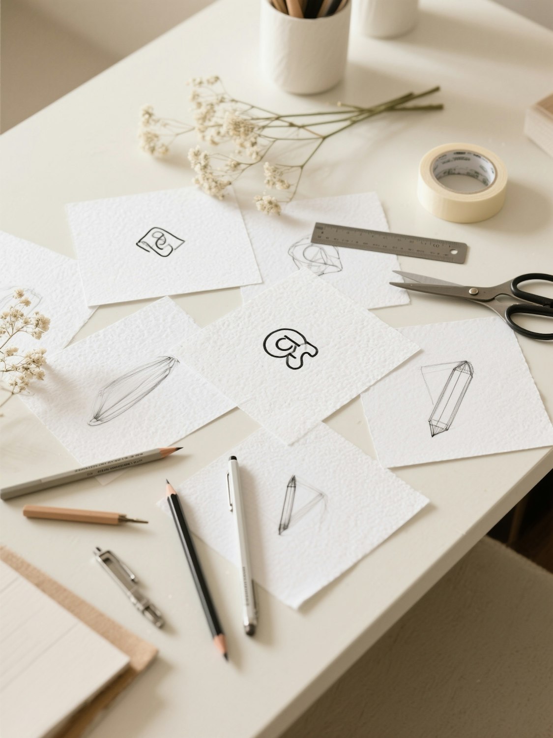 Sketches of logo ideas, pencils, scissors and dried flowers spread across a white studio desk